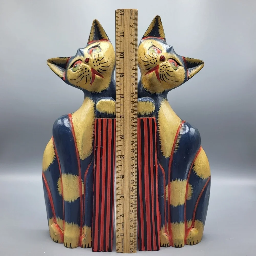 Wooden Cat Bookends Hand Painted Folk Art Colorful Shelf Decor Blue Yellow Red